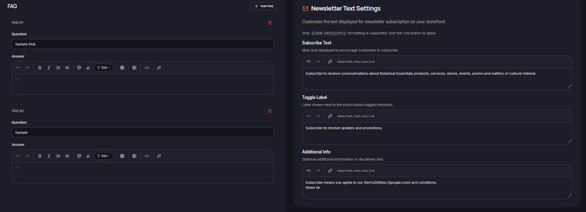 FAQ & Newsletter Text Settings