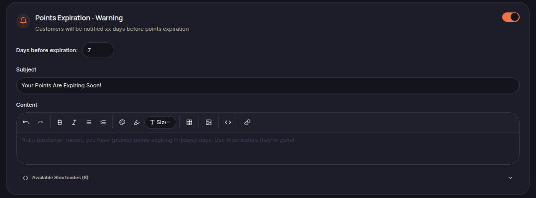 Points Expiration Warning